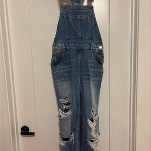 KanCan Ripped Blue Denim Overalls